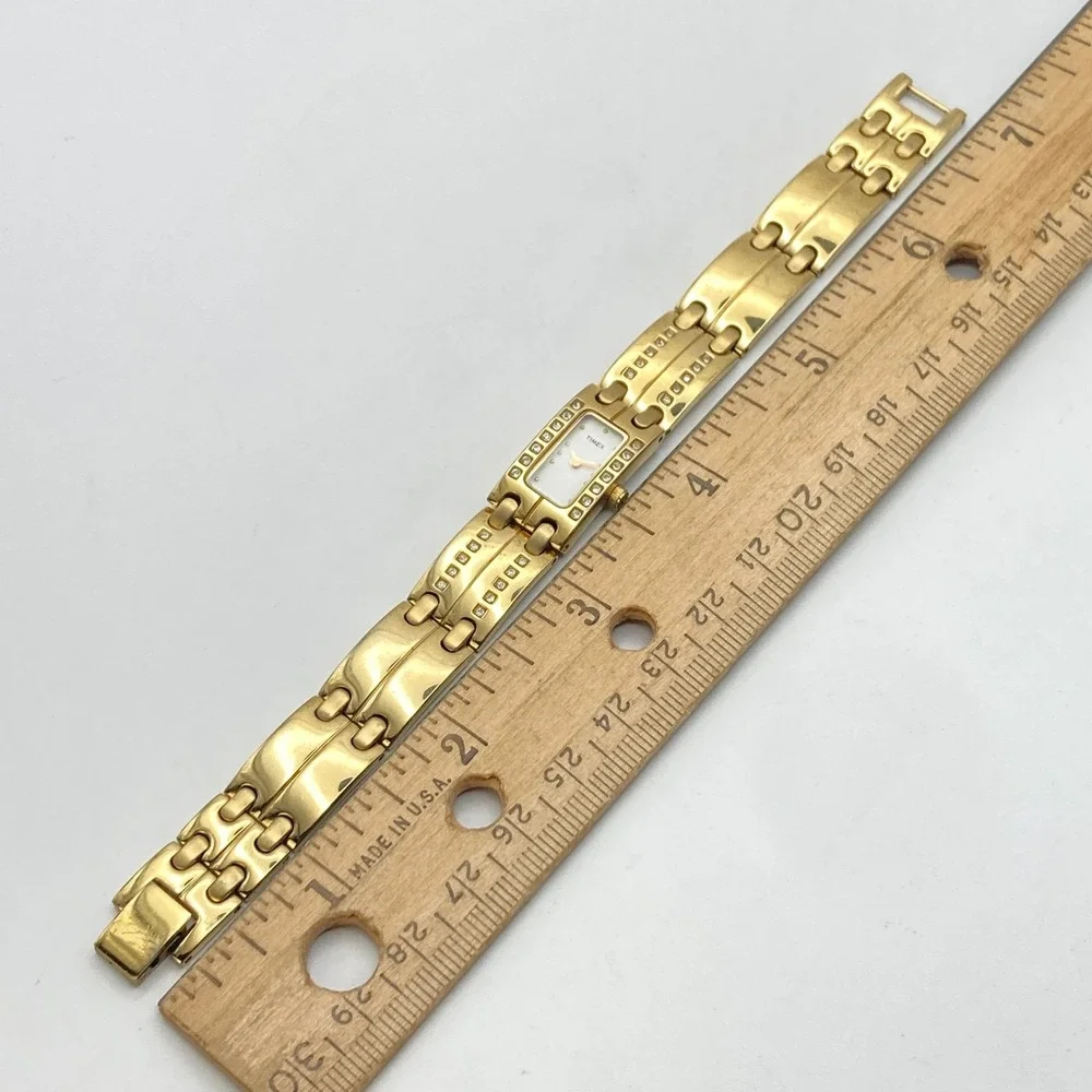 Timex Women's Tank Watch 17mm Gold Tone Crystals Petite New Battery 6.25